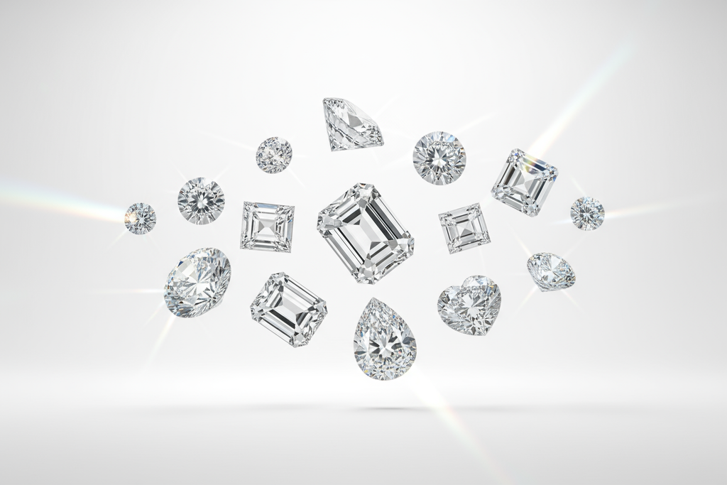 a group of floating lab grown diamonds in different sizes and shapes 