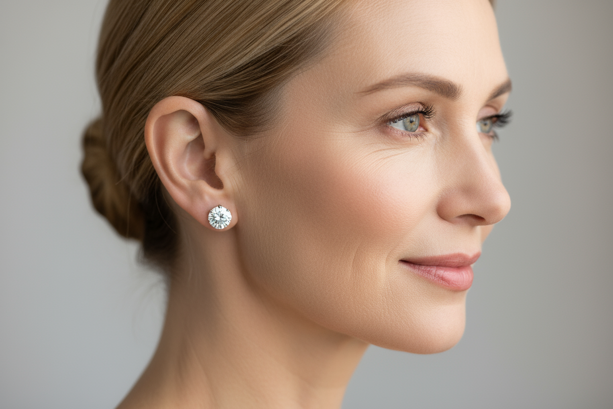 Can you do that same image and make the earring a bit smaller and centered on her ear lobe. Also make the stone look more realistic and brilliant