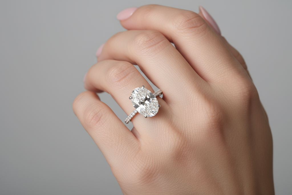 create a lab grown diamond ring with a 5 carat elongated oval on a thin diamond band on a pretty hand with polished nails. Make the photo just one hand