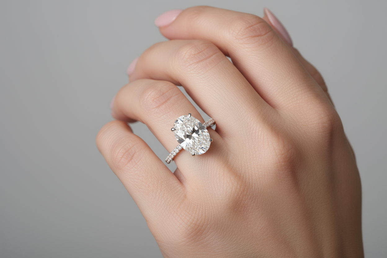 create a lab grown diamond ring with a 5 carat elongated oval on a thin diamond band on a pretty hand with polished nails. Make the photo just one hand