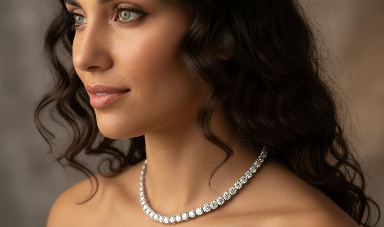 Create a tennis necklace on a models neck and have her be dark hair, green eyes and looking away from the camera