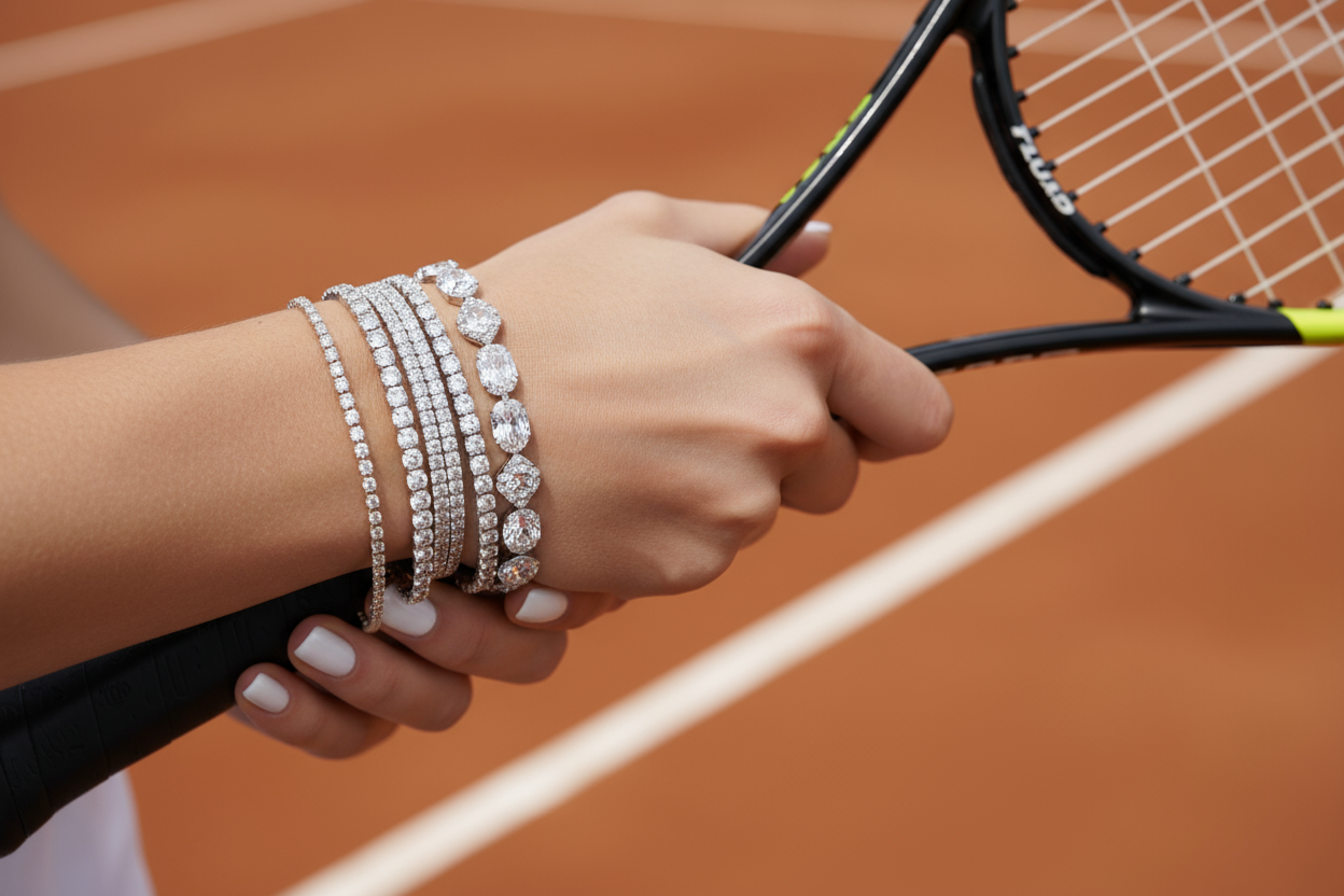 create an image with a hand on a tennis racquet where the womans arm has about 3-4 tennis bracelets in different sizes. 